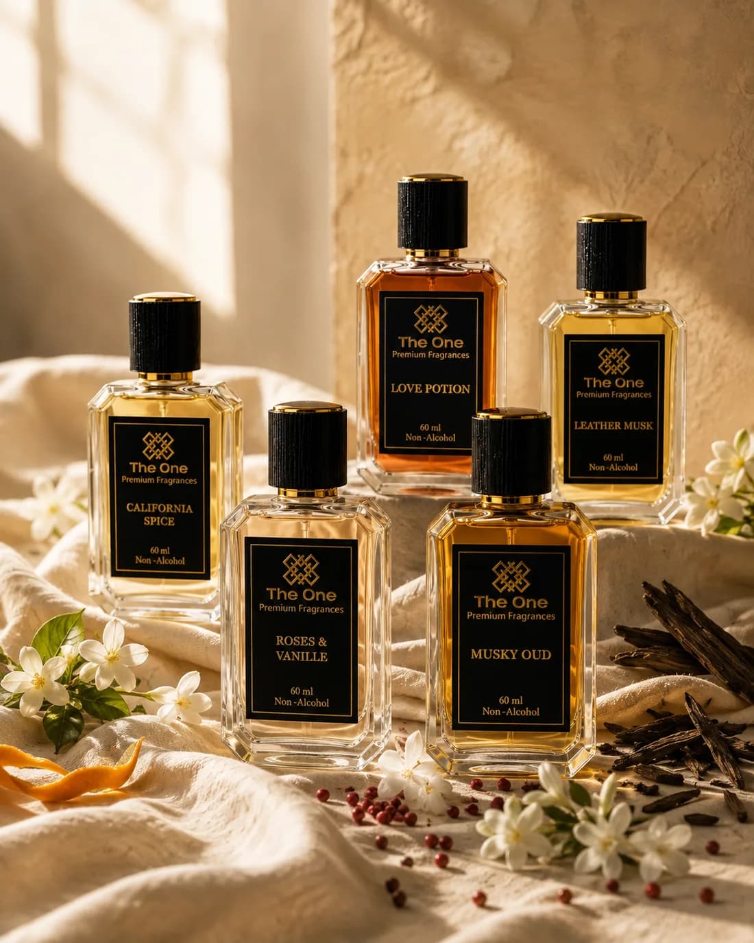 Five The One 60ml non-alcoholic perfumes — California Spice, Love Potion, Leather Musk, Roses & Vanille and Musky Oud — on cream linen with jasmine, oud wood and pink peppercorns