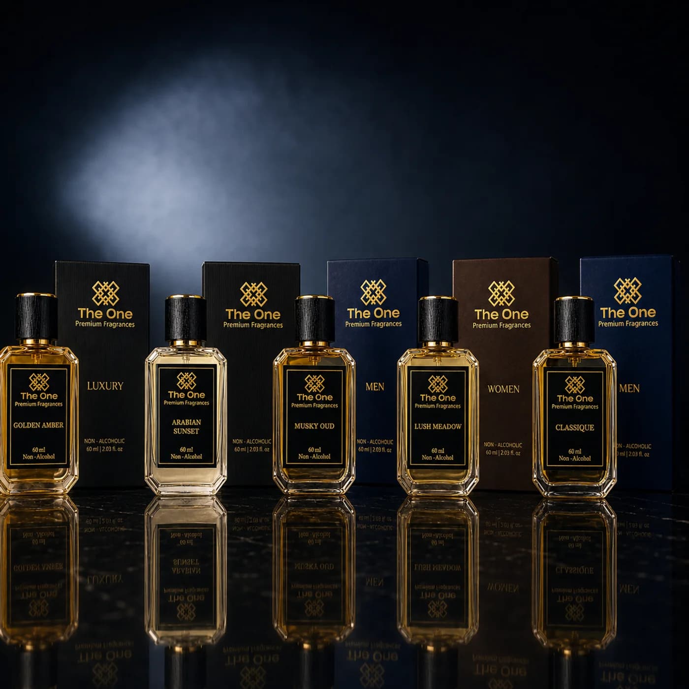 The One signature collection — five non-alcoholic parfums with their gift boxes