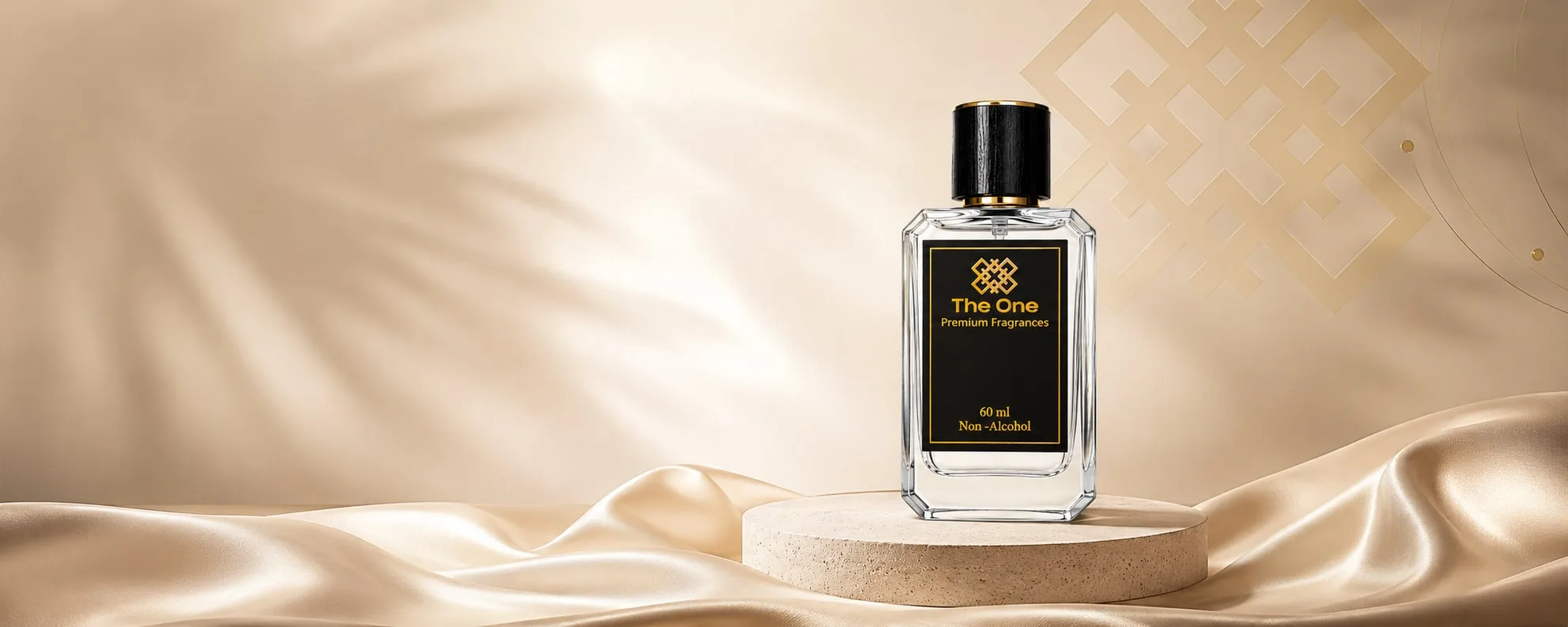 The One premium fragrance bottle on a podium with silk drapes