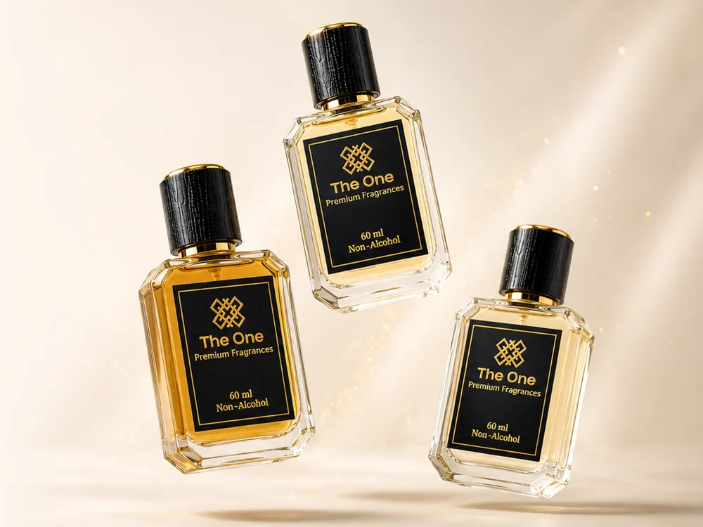 Three The One 60ml non-alcoholic perfume bottles floating against a warm cream backdrop